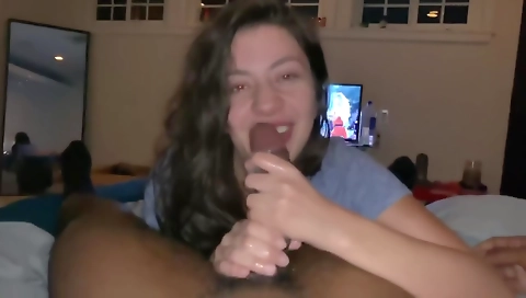 Brunette deep throats a big dick in POV porn video