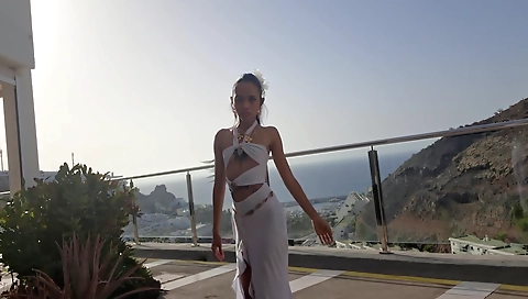 Public balcony brunette doggy style in public with a guy 2