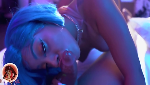 Ebony babe with a tattooed pussy gets fucked in deep throats