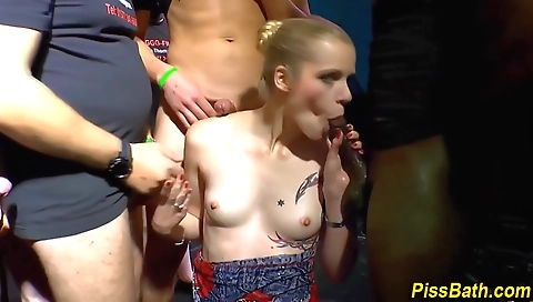 Amateur blonde girls gangbang and get fucked in the shower