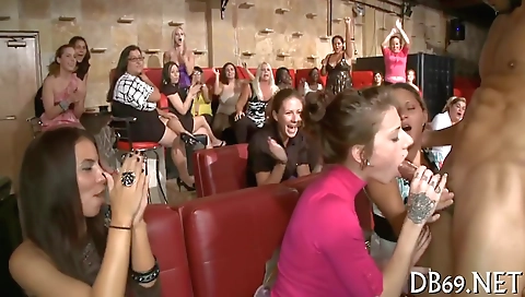 Hot blonde brunette gets fucked in a group fuck show