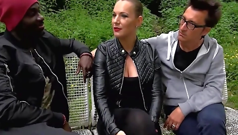 Amateur ebony get fucked by two black men in the wild