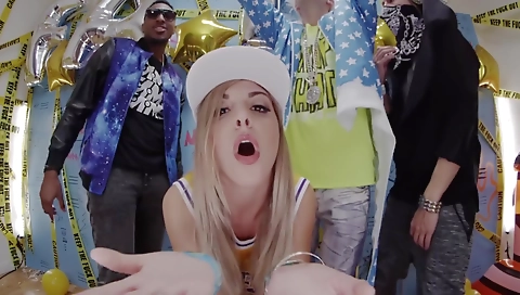 Busty ebony babe fucked in the living room on the couch