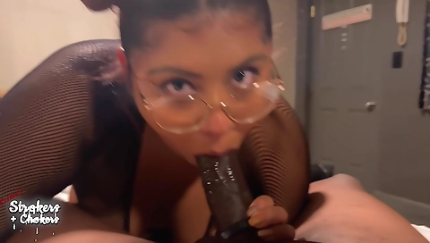 Brunette girl gets her mouth and throat fucked in this scene