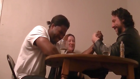 Two dudes get a creampie and a red head fucked in the same room