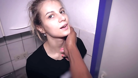 Blonde milf in black shorts gets her lover's cum on her face