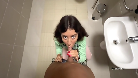 Interracial porn video in the public toilet in mall
