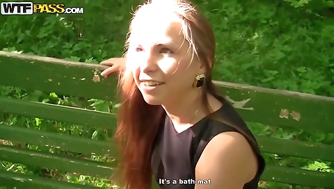 Brunette with a sexy smile rides a guy in the backyard