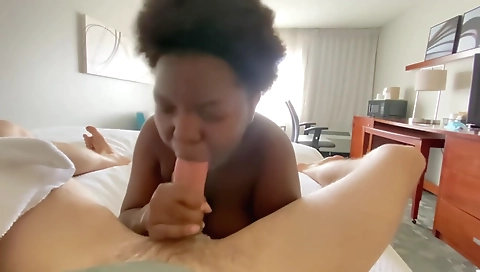 Ebony teen with big tits gets her head fucked deep