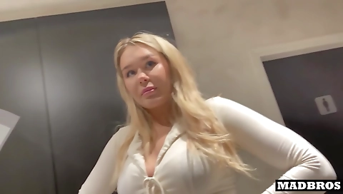 Blonde with a thick booty gets fucked in the bathroom and elevator