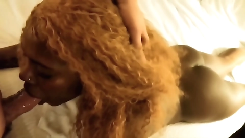 Ebony babe gets a deepthroat blowjob from her black boyfriend